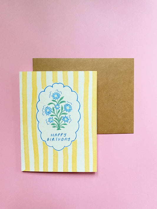 Yellow Stripe Birthday Card - White Flamingo