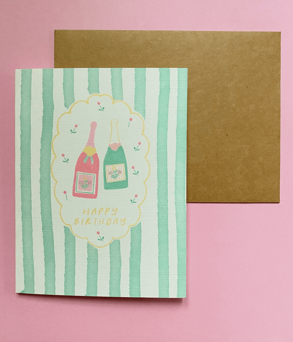 Green Stripe Birthday Card - White Flamingo