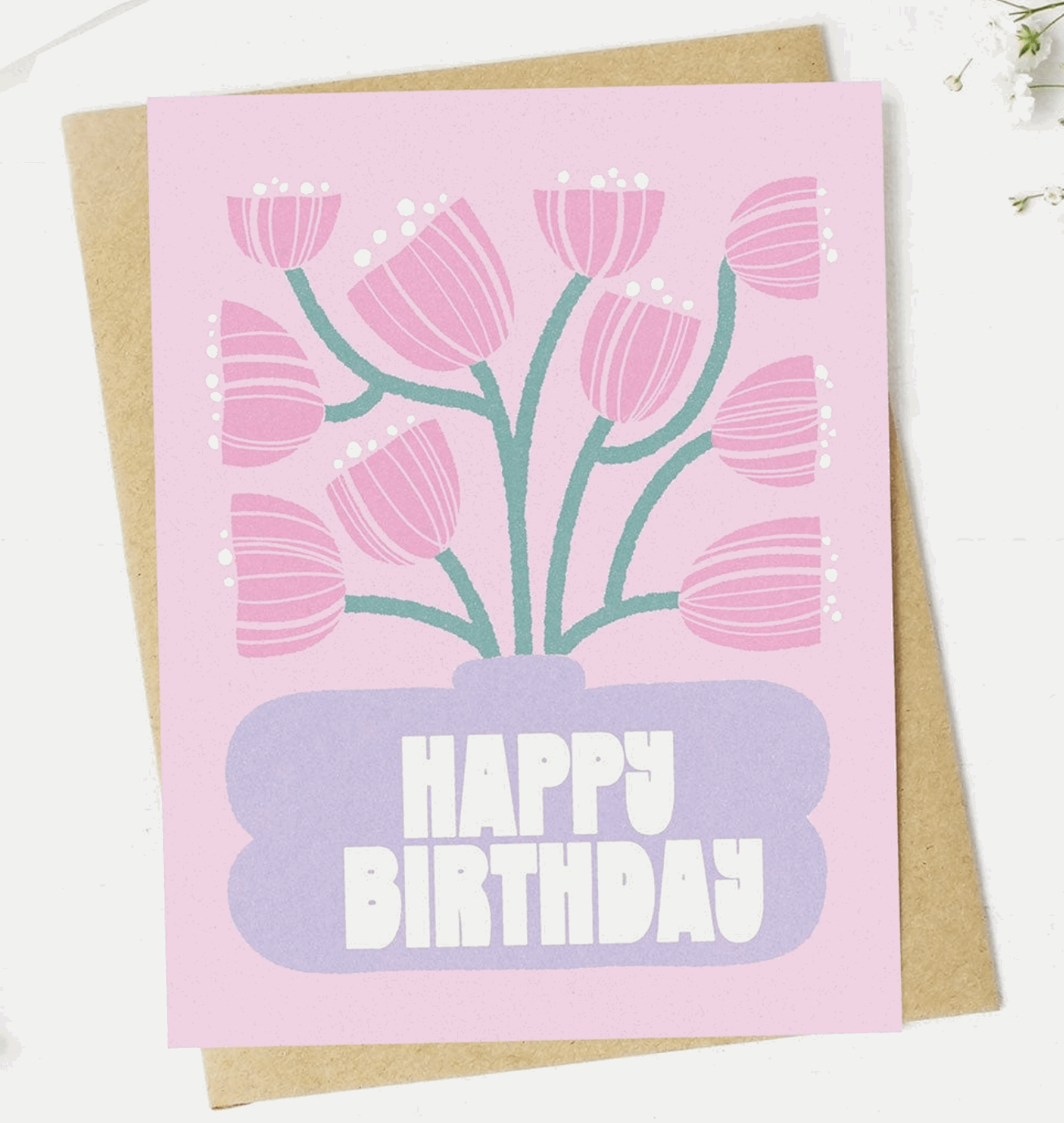 Happy Birthday Pink Flowers Purple Vase Abstract Card - White Flamingo
