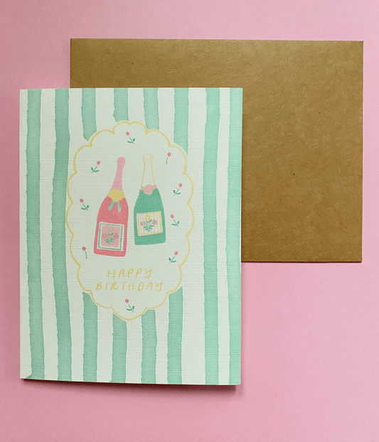 Green Stripe Birthday Card - White Flamingo