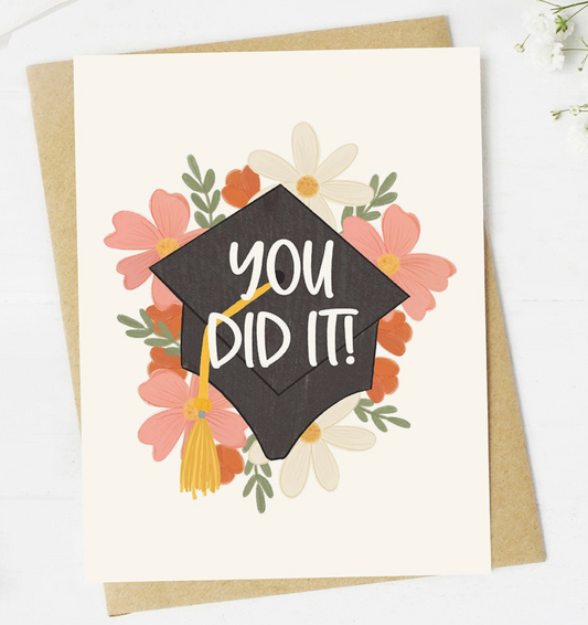 "You Did It!" Floral Graduation Celebration Card - White Flamingo